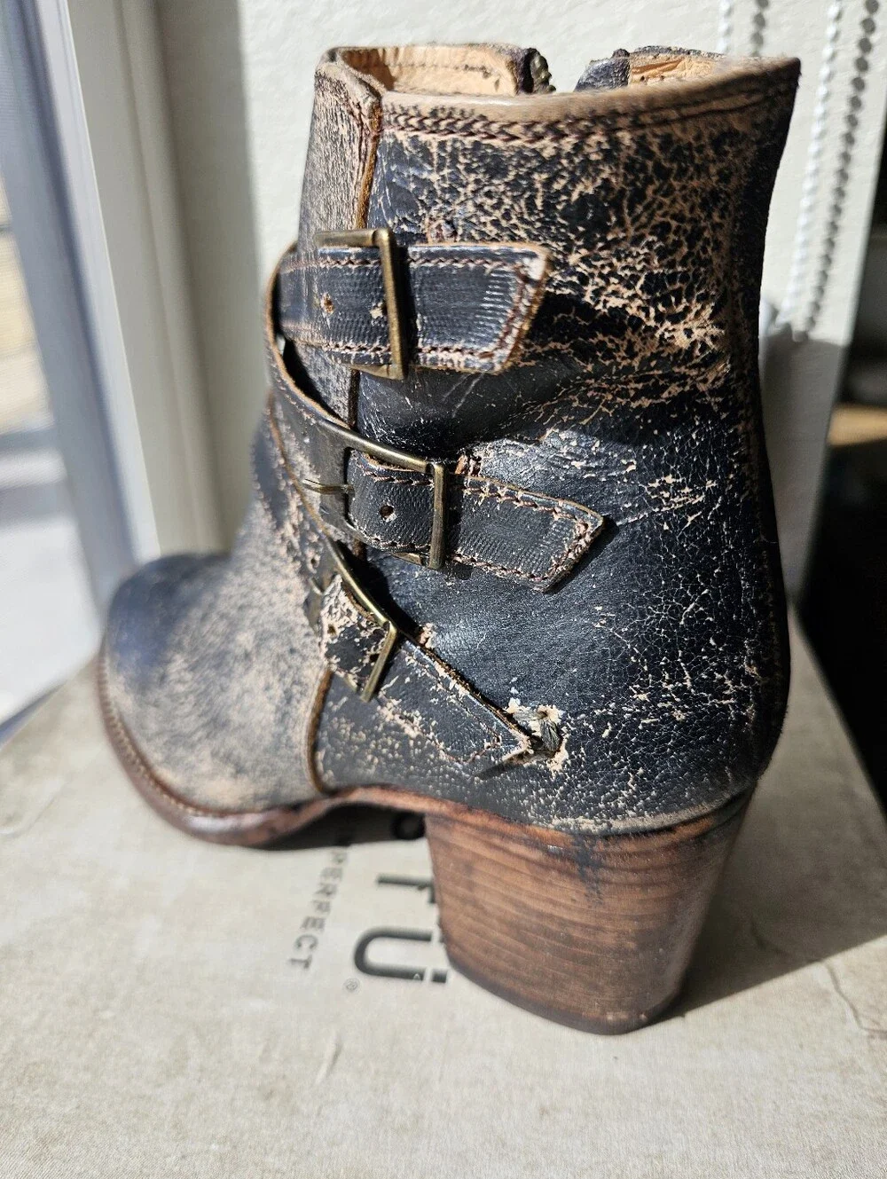 BED|STU Distressed Black Brown Leather Ankle Boots with Buckle Straps